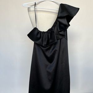 One shoulder, ruffle black dress